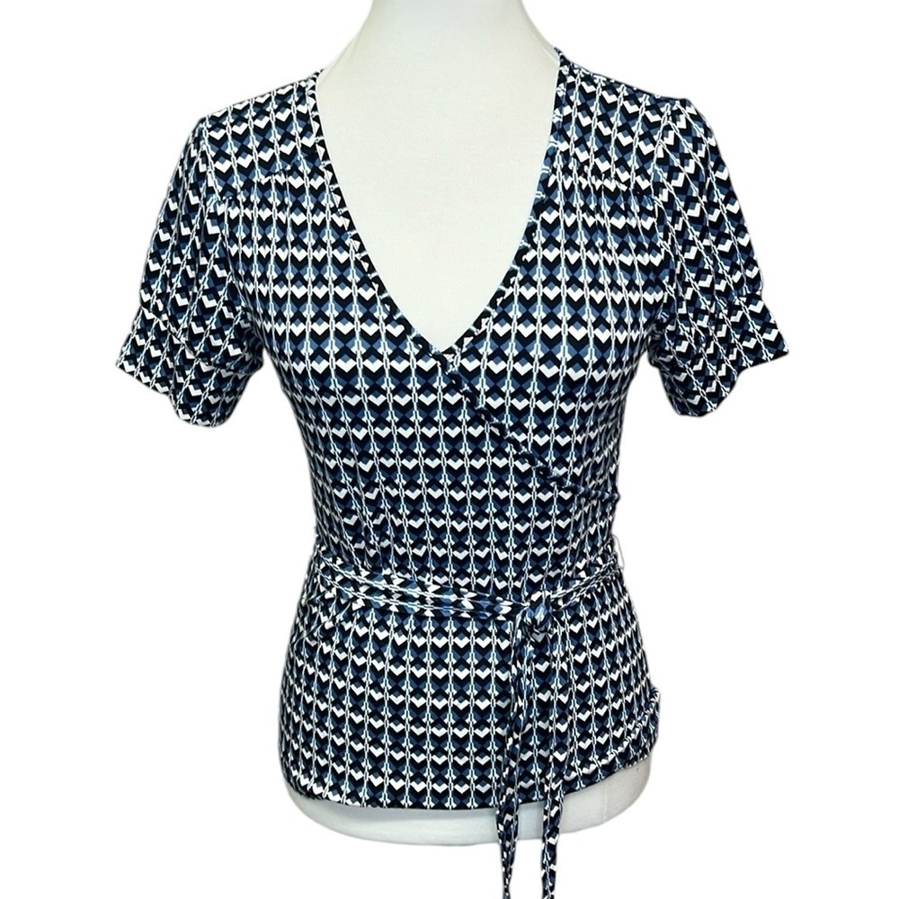 Loft Printed Faux Wrap Blouse Blue